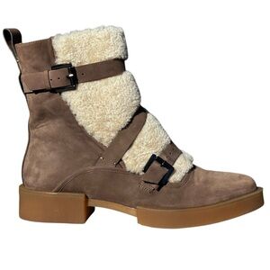 H Williams Nubuck Leather Shearling Ankle Boots Juneau Taupe Cream US 9 1/2 10